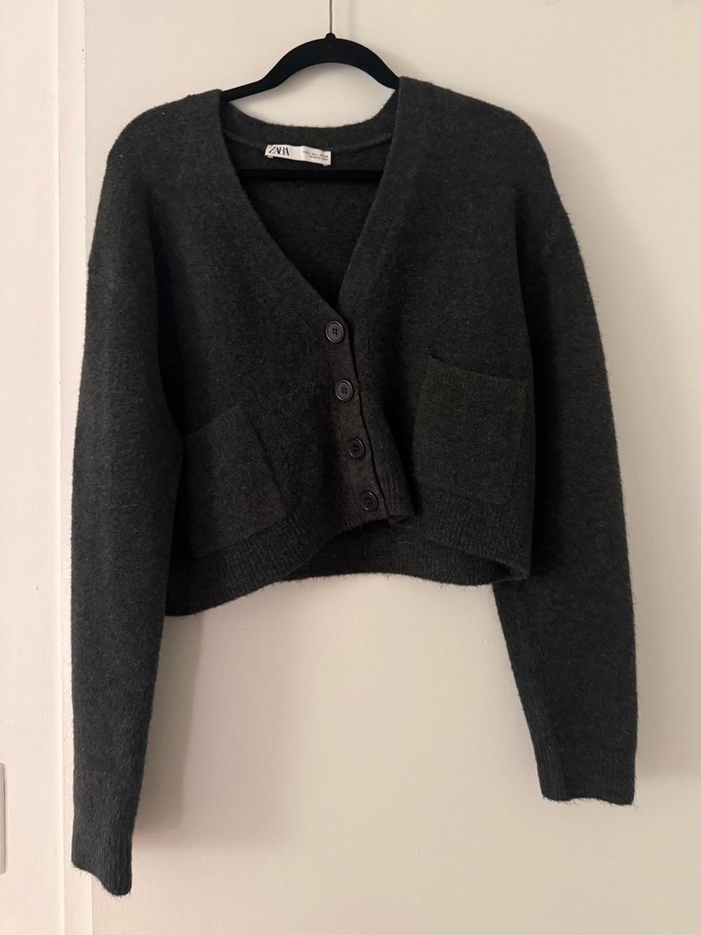 Zara Charcoal V-Neck Button Crop Cardigan